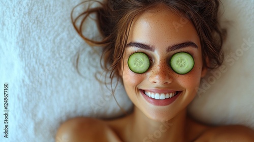 Young woman lying on her back with cucumber slices on her eyes, smiling.