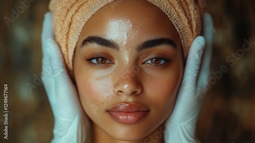 A close-up portrait of a young woman with a towel on her head, receiving a facial treatment.