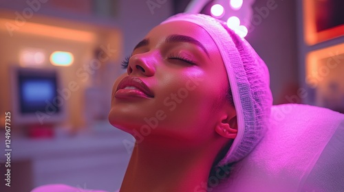 Young woman with eyes closed receiving a facial treatment with pink and blue lights.