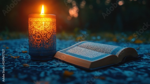 A lit candle and an open book rest on a blue patterned cloth, with a blurred sunset in the background.