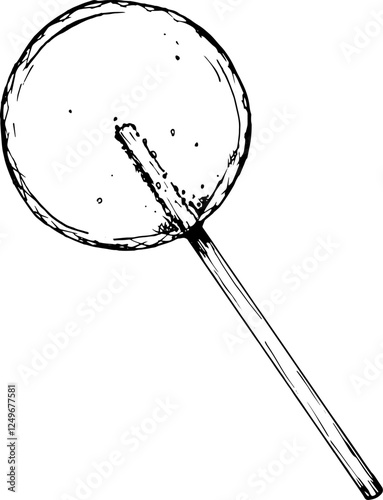 Black and white illustration of round clear sugar lollipop, candy, barley sugar drawn in a sketch style. Perfect for confectionery, bakery branding, children s party, candy bar or holiday decorations.