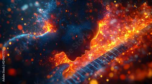 Vibrant musician immersed in sound and colors while playing electric guitar during a creative moment