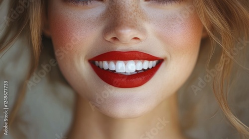 Close-up of a woman's smiling mouth with bright red lipstick.