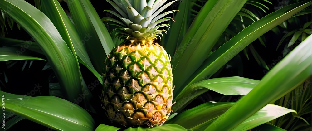A vivid portrayal of a ripe juicy pineapple nestled among lush green leaves highlighting the tropical essence of sweetness and refreshment A vivid portrayal of a ripe juicy pineapple nestled among lush green leaves highlighting the tropical essence of sweetness and refreshment