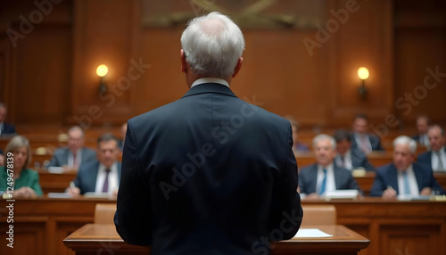Senior politician addresses lawmakers in a grand parliamentary chamber with authority.