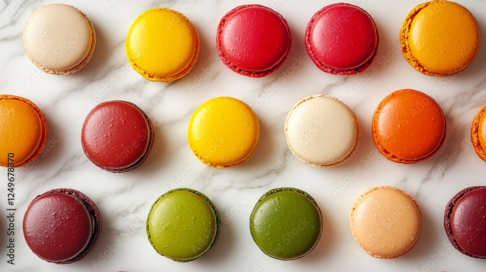 Obraz premium An exquisite display of colorful macarons arranged artfully on a white marble surface, illustrating the elegance and appeal of these delicious French pastries.
