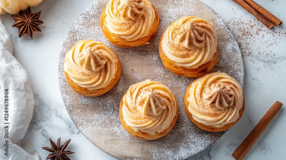 A beautifully arranged set of homemade cupcakes topped with swirls of creamy frosting, embellished with spices, presenting an inviting and satisfying dessert experience. A beautifully arranged set of homemade cupcakes topped with swirls of creamy frosting, embellished with spices, presenting an inviting and satisfying dessert experience.