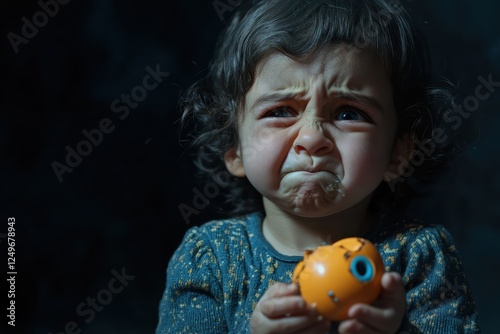 Child expressing sorrow while holding a broken toy in a dimly lit space