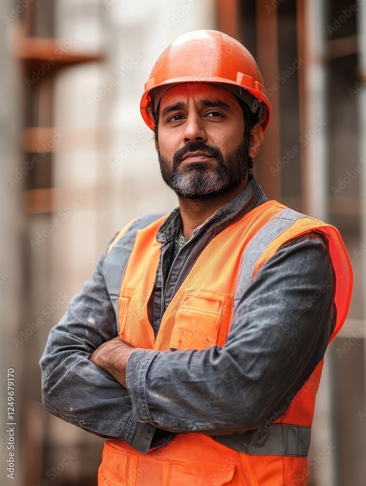 Indian construction site manager standing with folded arms wearing safety vest and helmet, thinking at construction site. Portrait of mixed race manual worker or architect with satisfaction. Indian construction site manager standing with folded arms wearing safety vest and helmet, thinking at construction site. Portrait of mixed race manual worker or architect with satisfaction.