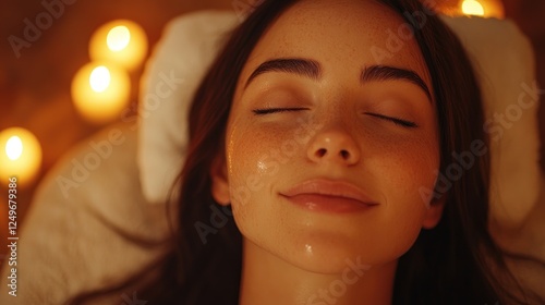 Young woman relaxing with eyes closed during a spa treatment with candles in the background.