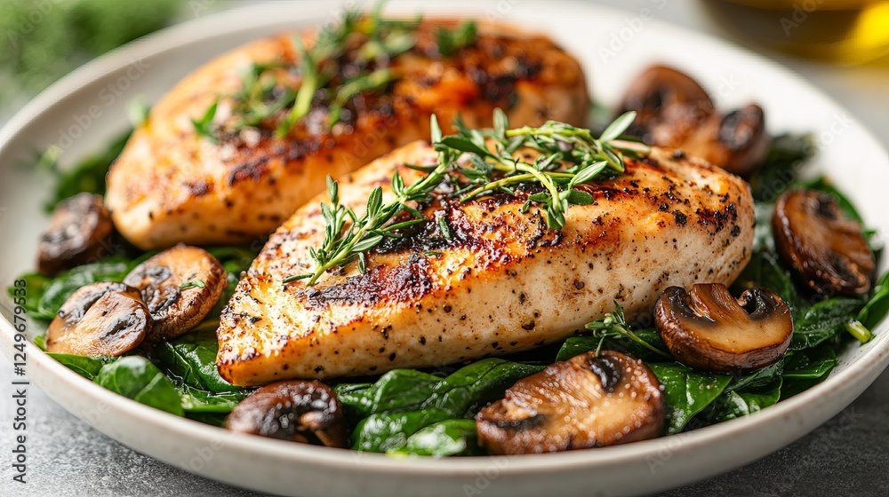 This appetizing image displays two grilled chicken breasts served with sautéed mushrooms and greens, evoking feelings of deliciousness and healthy eating. This appetizing image displays two grilled chicken breasts served with sautéed mushrooms and greens, evoking feelings of deliciousness and healthy eating.