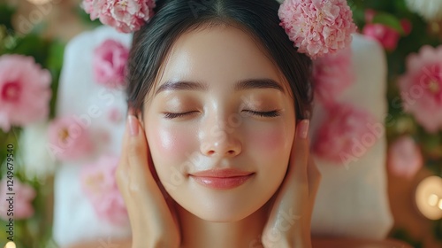 A woman receives a facial massage with roses around her.