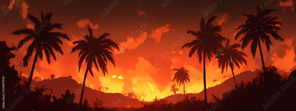 Obraz premium Palm Trees Framing a Burning Sunset