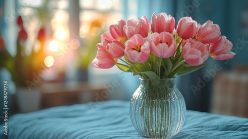 A bouquet of pink tulips in a glass vase on a blue bedspread, with a window and sun shining through in the background.