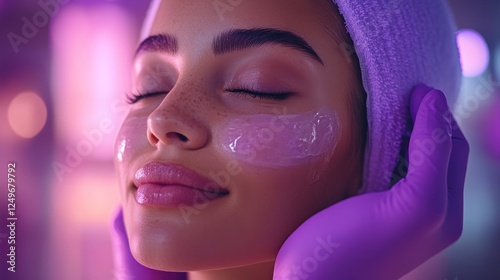Close up of a woman receiving a facial treatment with pink mask on her face in a spa.