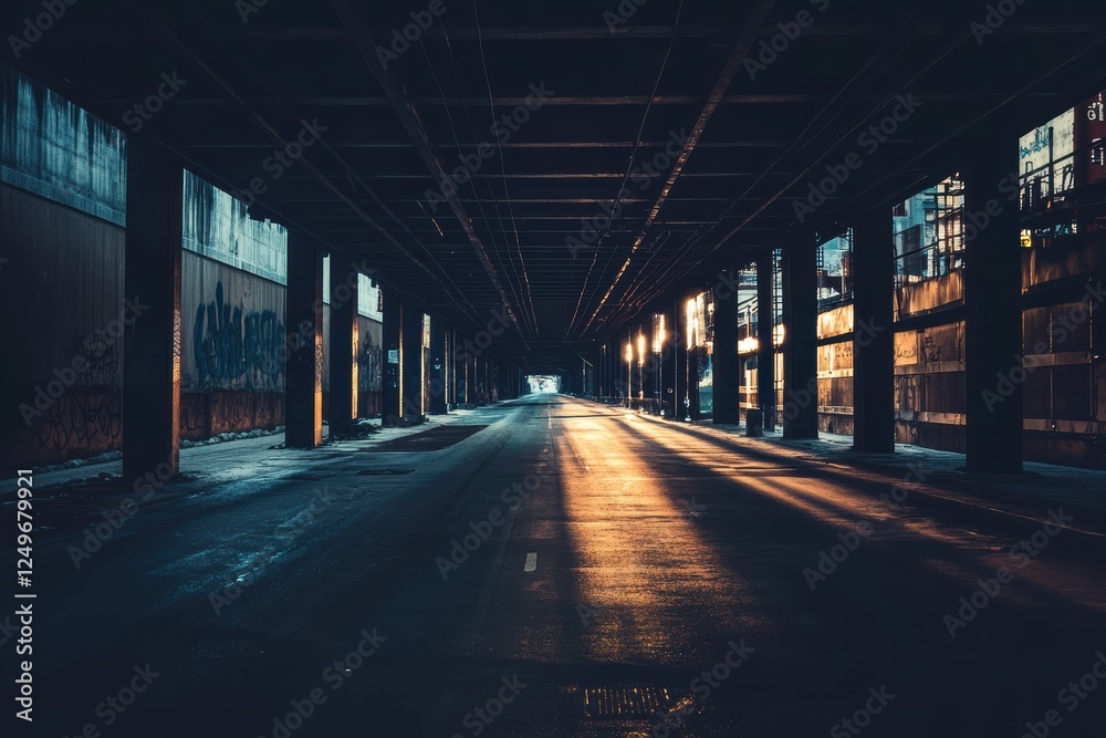 Empty urban street illuminated by soft light with a dark silhouette at the end of the road Empty urban street illuminated by soft light with a dark silhouette at the end of the road