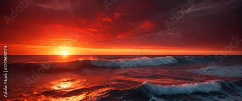 A vibrant red sunset setting the horizon ablaze over tranquil ocean waves where the sea reflects a dazzling display of fiery colors