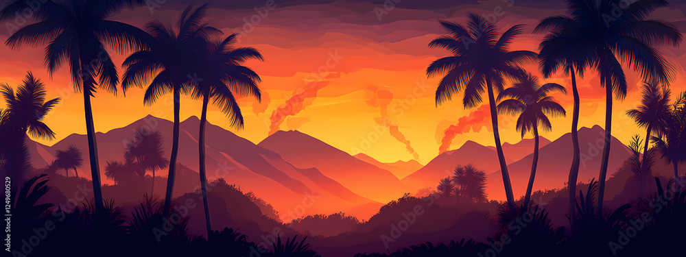 Obraz premium Palm Trees Framing a Burning Sunset