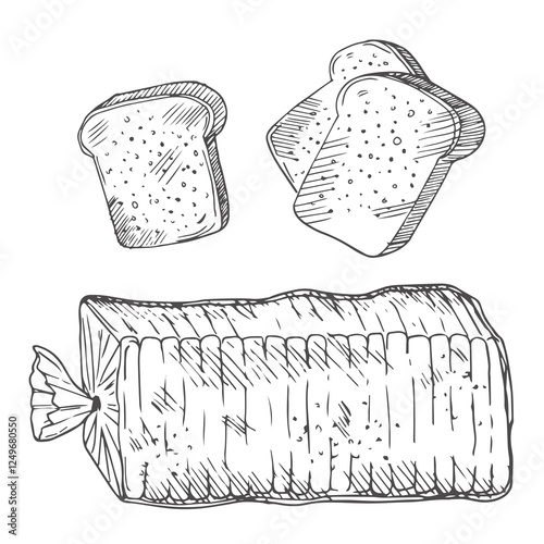 Bread toasts, toasts with butter and peanut paste, toaster sketch set. Bread toasts for sandwich piece of roasted crouton. Lunch, dinner, breakfast snack. Isolated white background.