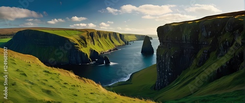 A vibrant depiction of Irish countryside where lush green hills meet rugged cliffs against a bright blue sky celebrating natural beauty