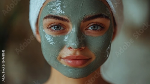 Young woman with blue eyes and a green clay mask on her face, smiling at the camera.