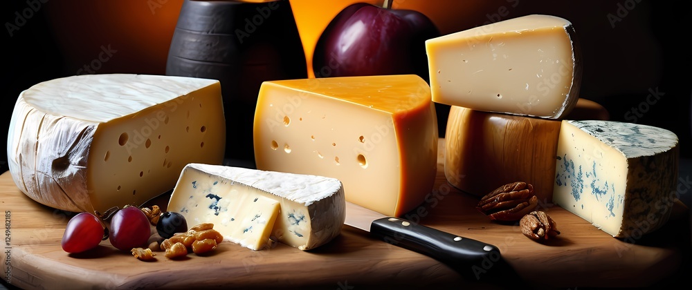 Fototapeta premium A vibrant closeup of various cheeses displayed on a rustic board inviting a feast for the senses with textures colors and aromas