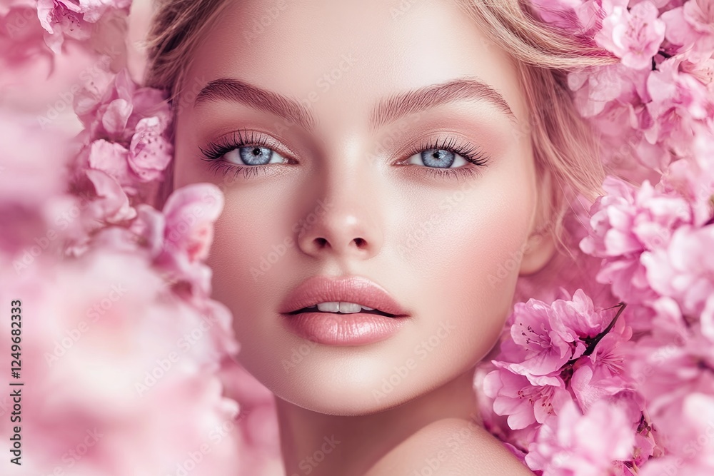 Beauty portrait surrounded by pink blossoms showcasing vibrant skin tones and floral elements Beauty portrait surrounded by pink blossoms showcasing vibrant skin tones and floral elements