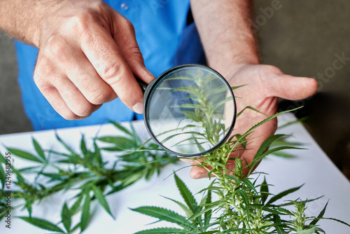 Photography hands of a male medic studying the properties of cannabis for medical use, ident