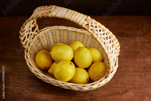 lemons in a beautiful wicker basket on a wooden background, close-up, top view