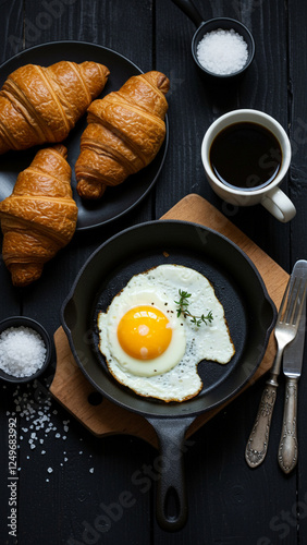 A rustic breakfast scene featuring a fried egg in a cast-iron skillet, croissants, fresh bread, coffee, and sea salt on a dark wooden table, creating a warm and cozy morning setting.