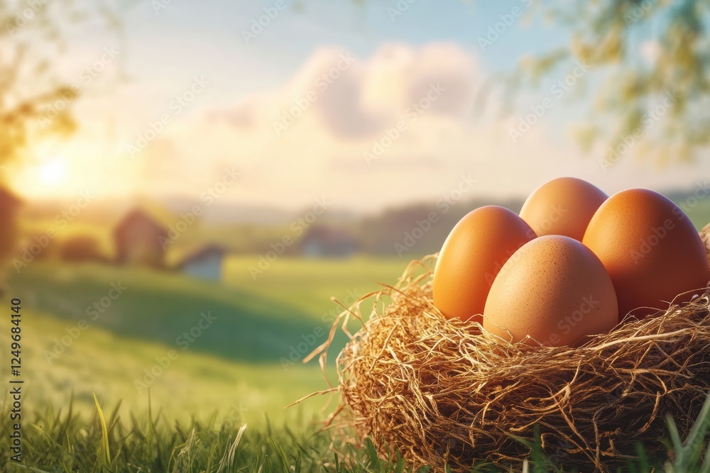 Farm fresh eggs in a rustic nest during a serene sunrise over the countryside