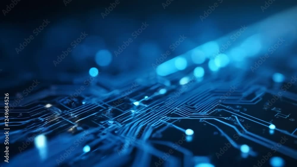 Digital circuit board with glowing blue connections in dark background ...