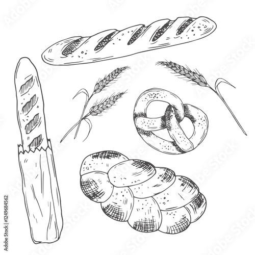 Bread and bakery food sketch vector icons baked loaf, rye and wheat bread, croissants and pretzel. Braided buns and french baguette, rolling pin, toque and scoop engraving retro bakery shop assortment