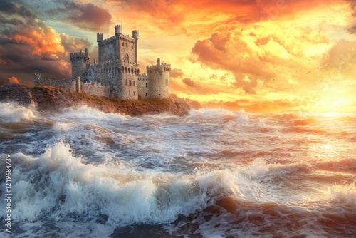 Classiebawn Castle Against the Scenic Landscape of Mullaghmore Head: Breathtaking Sunset View with Waves Rolling Ashore, a Signature Point on the Wild Atlantic Way, County Sligo, Ireland photo