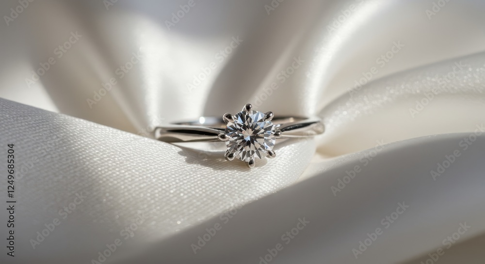 Obraz premium A classic solitaire engagement ring featuring a round cut diamond set in a six prong platinum band