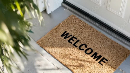 Door mat in front of entrance door on floor outdoors. Brown natural coir door mat with word Welcome near white door in terrace of house