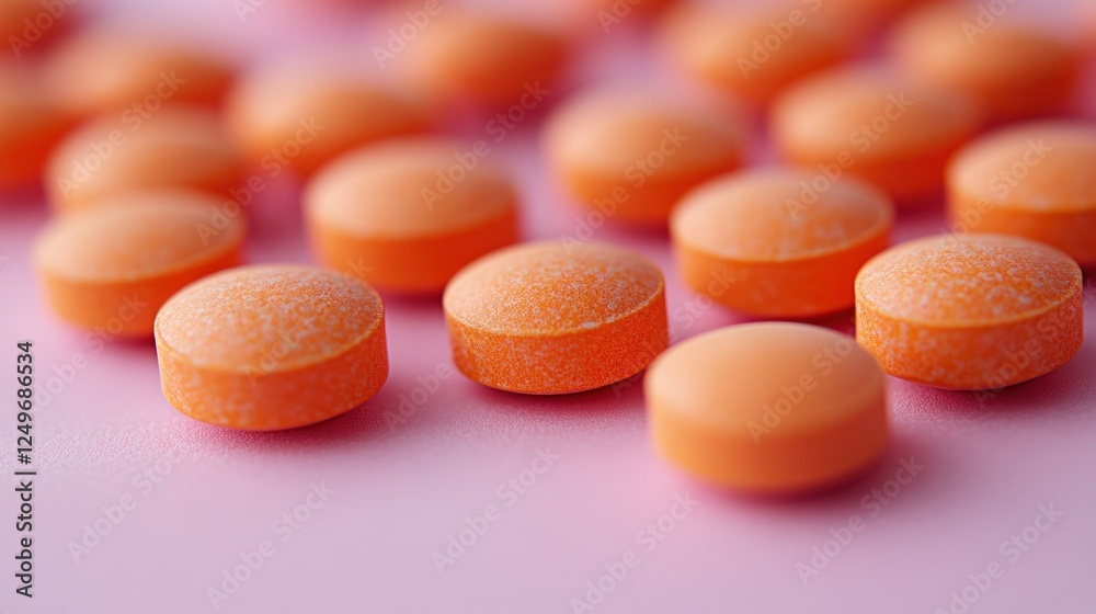 Close-up of orange pills scattered on a pink surface. Close-up of orange pills scattered on a pink surface.