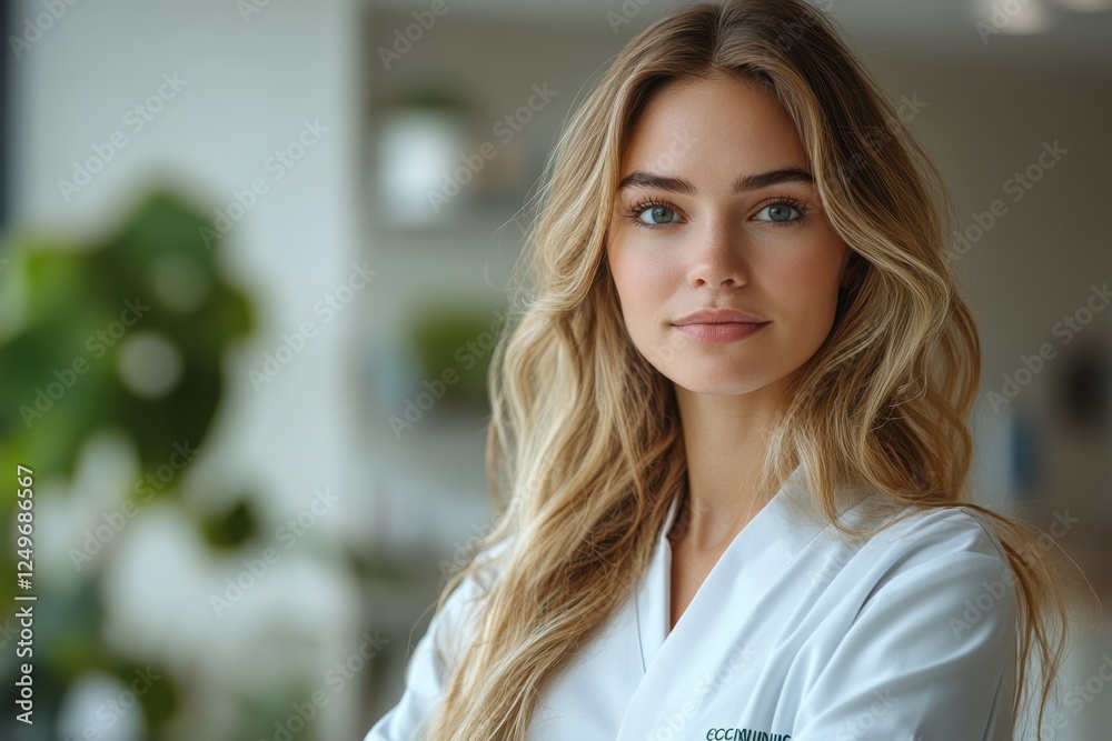 Fototapeta premium Engaging healthcare professional ready to assist at a modern medical facility