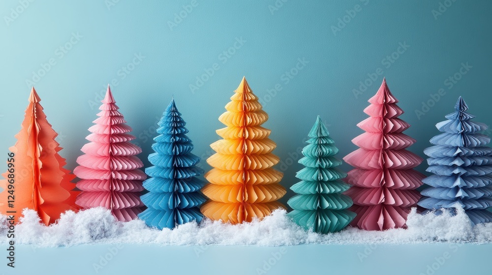 Colorful paper Christmas trees arranged with artificial snow. Colorful paper Christmas trees arranged with artificial snow.