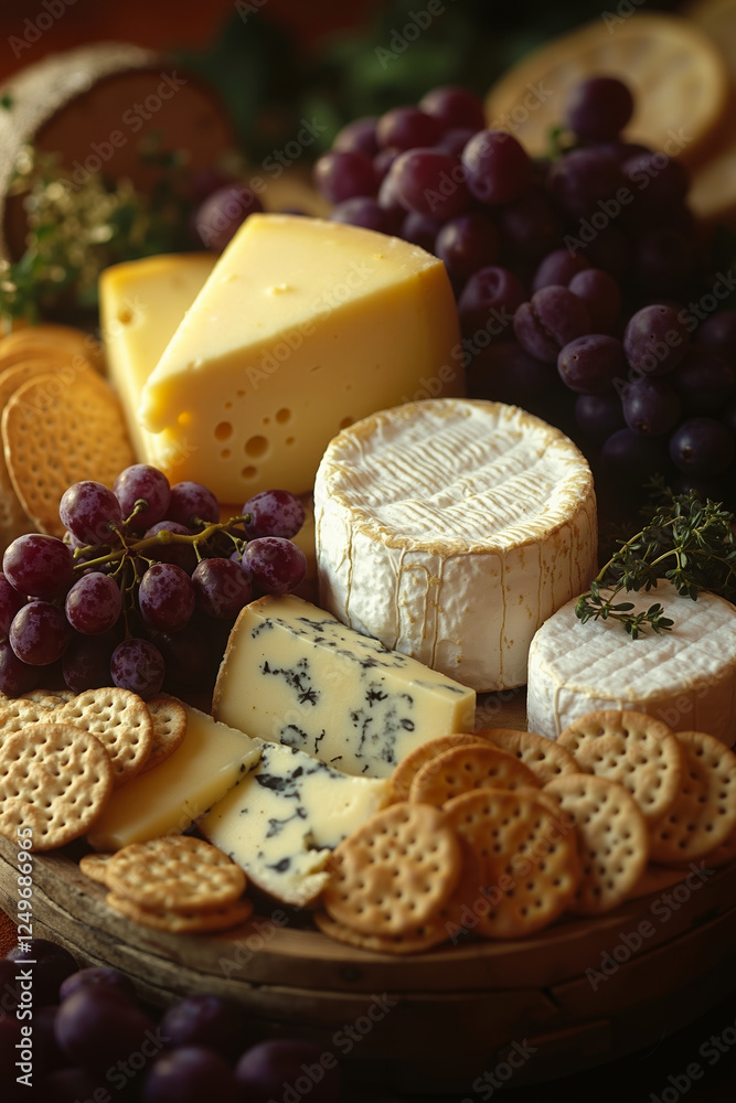 A wooden platter of cheese, crackers, grapes and crackers on a table A wooden platter of cheese, crackers, grapes and crackers on a table