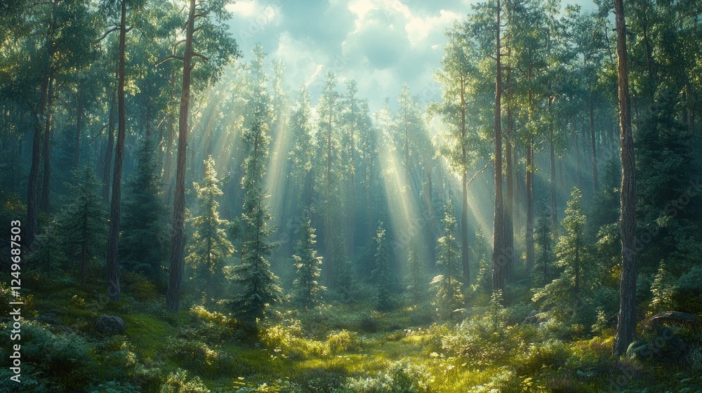 Fototapeta premium Sunbeams Illuminate Forest Path, Nature Background, Peaceful Scene