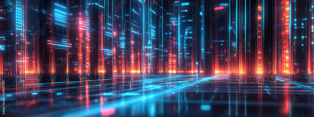 Obraz premium Glowing Digital Grid with Metallic Pillars