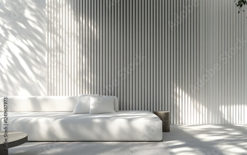 Minimalist white sofa in modern room with slatted wall and sunlight.