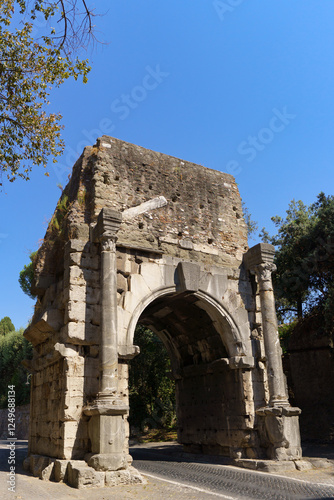 Arch of Drusus (Arco di Druso), an ancient arch on Via Appia (Appian Way) right behind Porta San Sebastiano in Rome, Italy 