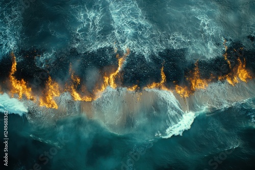 Flames and waves collide, showcasing environmental devastation and social injustice photo