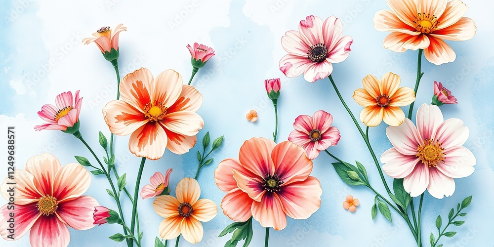 Obraz premium Watercolor Blooms on Pastel Blue Canvas