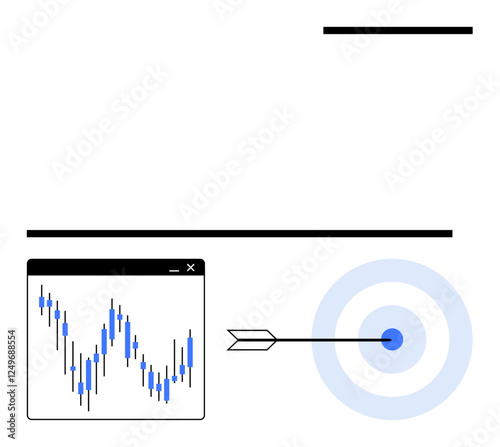 Arrow hits the bullseye of a target next to a fluctuating stock market chart. Ideal for investment, success, goal-setting, business strategy, stock market, finance, and accuracy concepts. Line