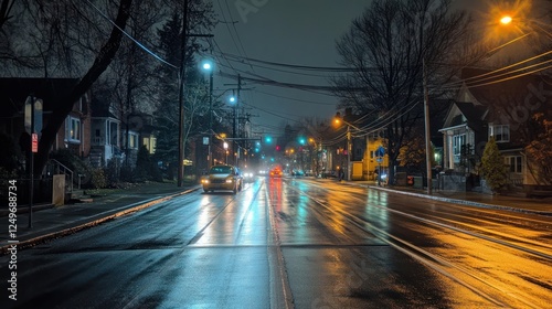 Rainy night street scene, cars passing, residential neighborhood, traffic lights photo