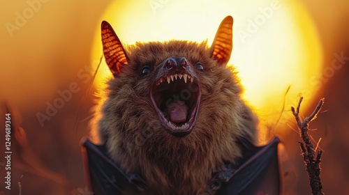 Angry bat head at sunset, dramatic wildlife portrait photo