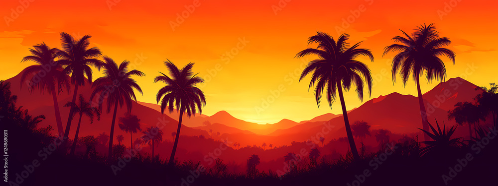 Naklejka premium Silhouetted Palm Trees Against Fiery Sunset